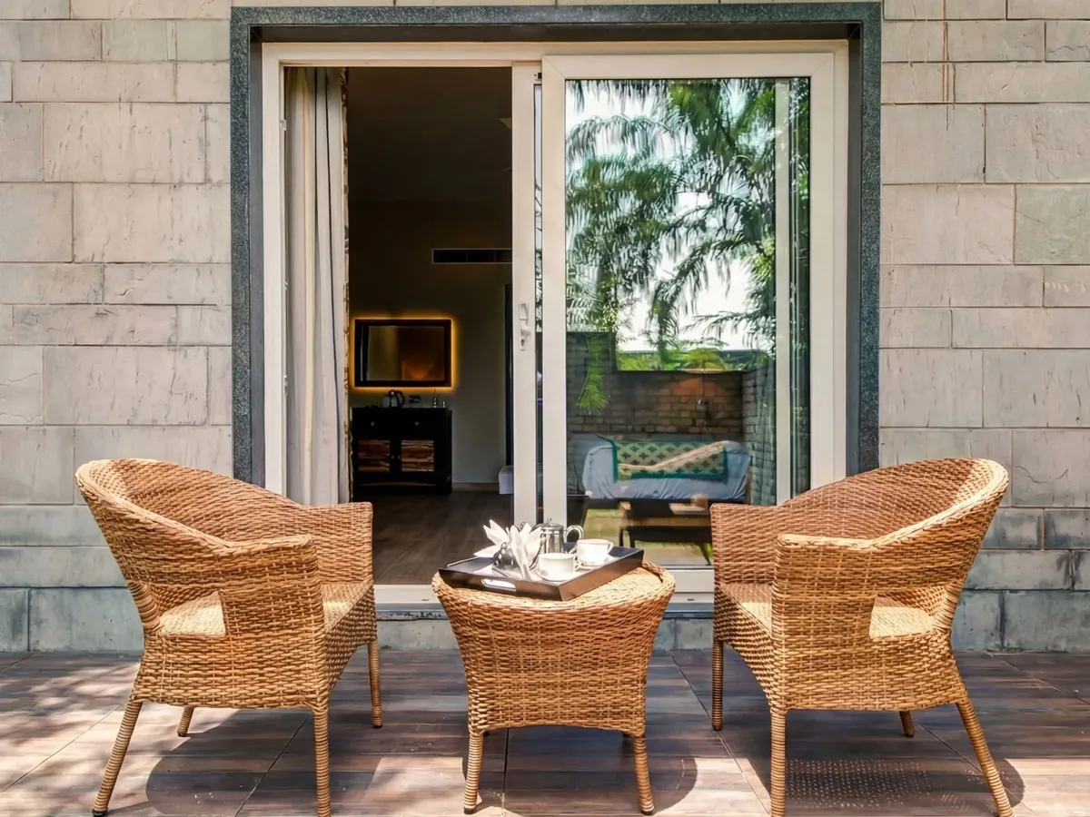 Cottage patio seating outside the sliding doors